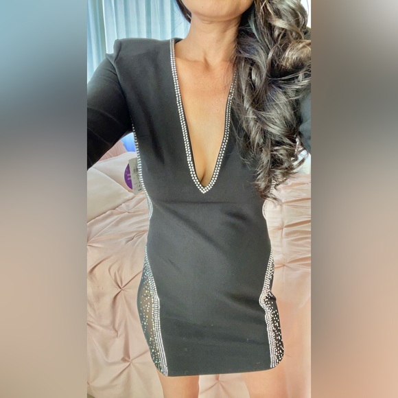 Windsor Black Rhinestones Deep V-Neck Sheer Mesh Side Cut Outs Blazer Mini Dress - Picture 10 of 15